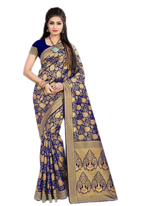 Dark_Blue_Banarasi_Silk_Saree_With_Blouse_Piece_For_Women