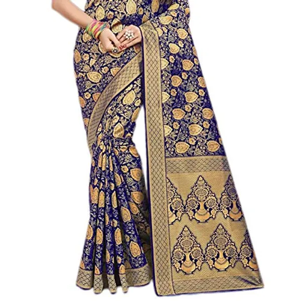 Dark_Blue_Banarasi_Silk_Saree_With_Blouse_Piece_For_Women