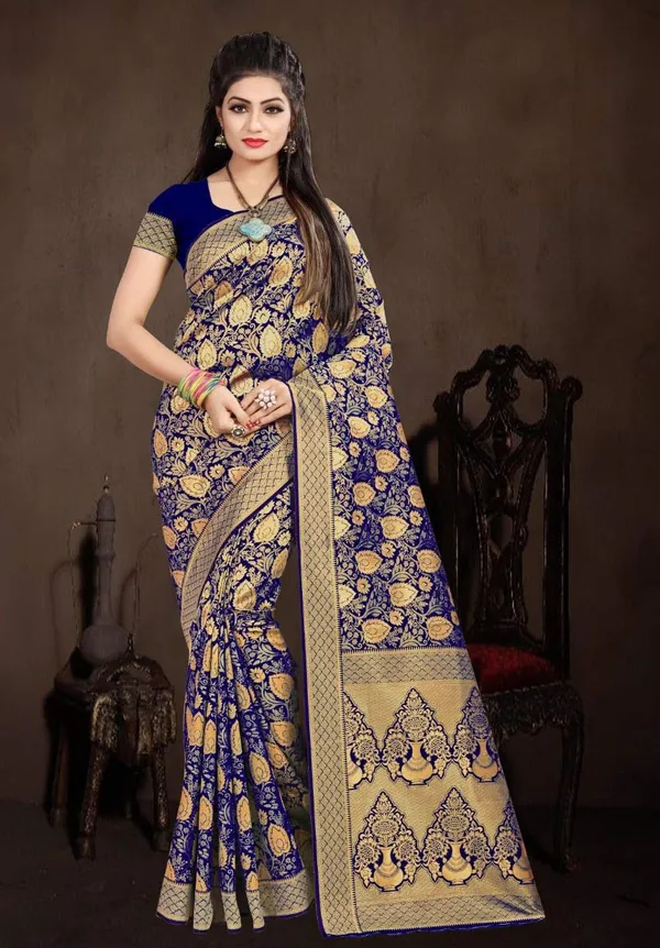 Dark_Blue_Banarasi_Silk_Saree_With_Blouse_Piece_For_Women