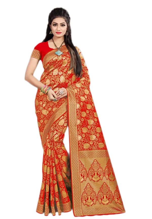 Red_Banarasi_Silk_Saree_With_Blouse_Piece_For_Women