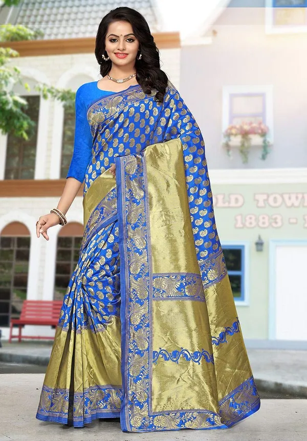 Blue_Banarasi_Silk_Handloom_Saree_With_Blouse_Piece_For_Women