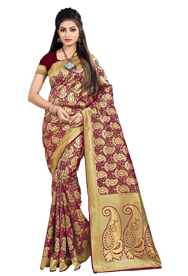 Maroon_Banarasi_Silk_Saree_With_Blouse_Piece_For_Women