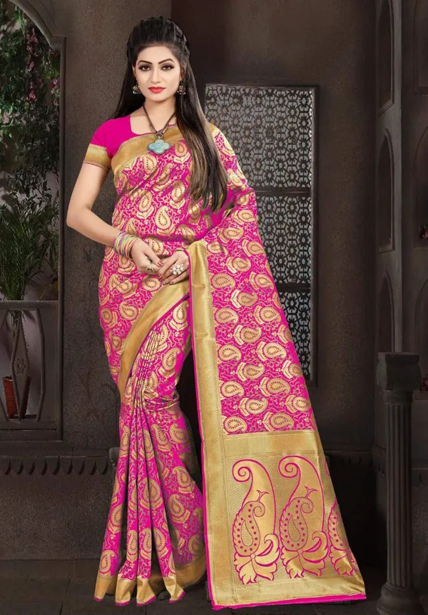 Pink_Banarasi_Silk_Saree_With_Blouse_Piece_For_Women