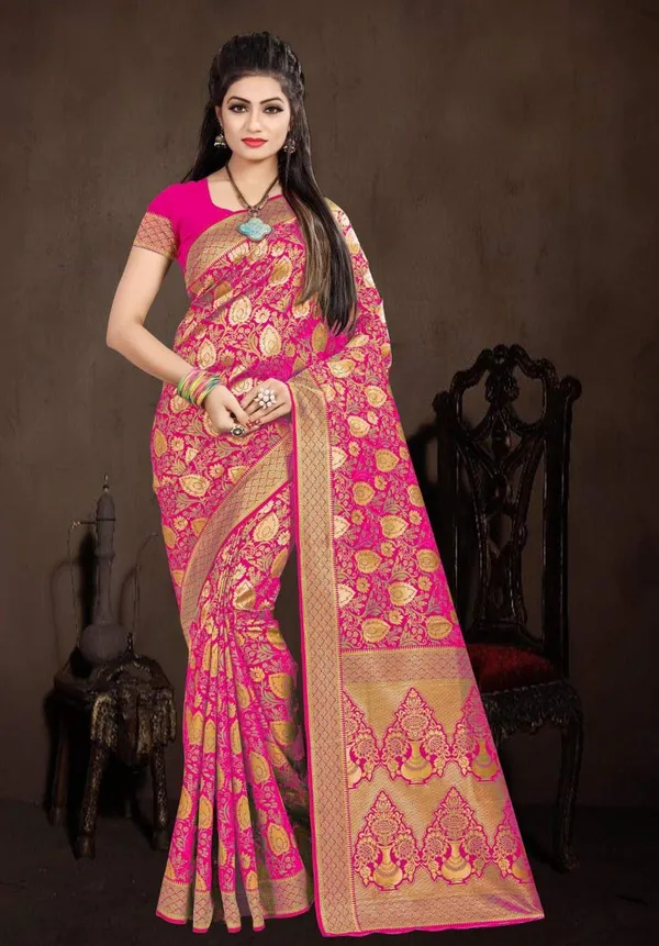 Pink_Banarasi_Silk_Paisley_Saree_With_Blouse_Piece_For_Women
