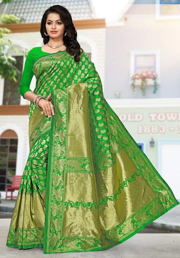 Green_Banarasi_Silk_Handloom_Saree_With_Blouse_Piece_For_Women