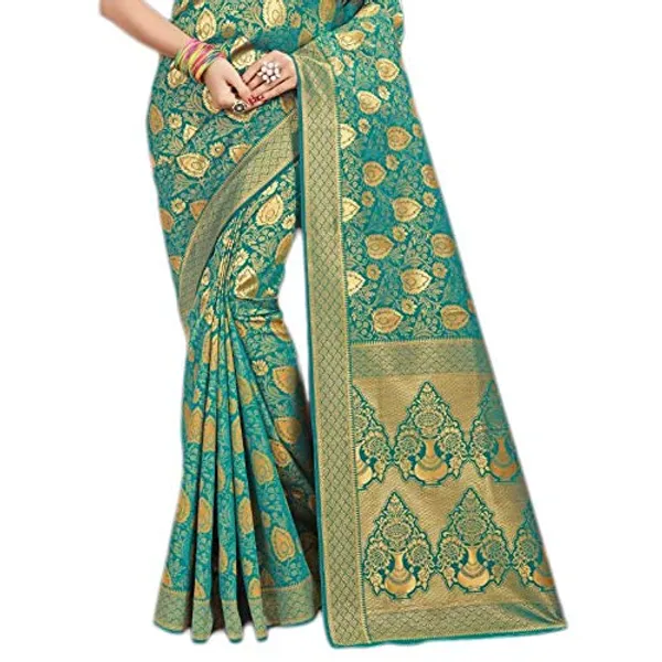 Teal_Banarasi_Silk_Zari_Work_Saree_With_Blouse_Piece_For_Women