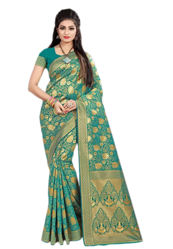 Teal_Banarasi_Silk_Zari_Work_Saree_With_Blouse_Piece_For_Women
