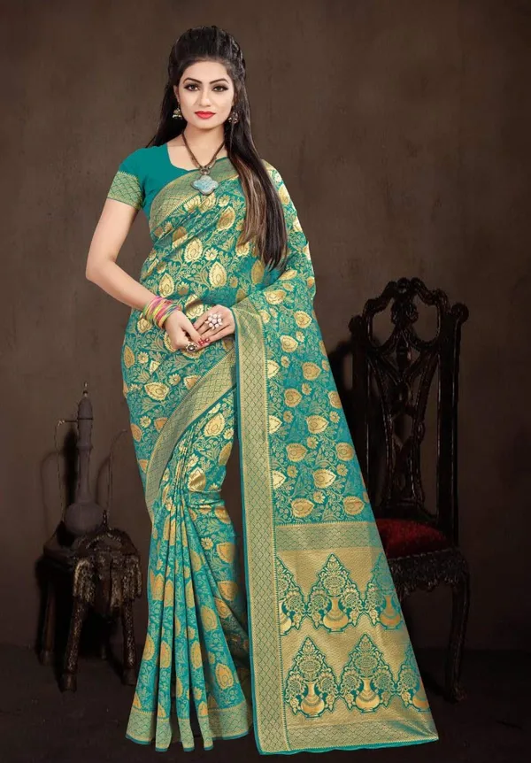 Teal_Banarasi_Silk_Zari_Work_Saree_With_Blouse_Piece_For_Women