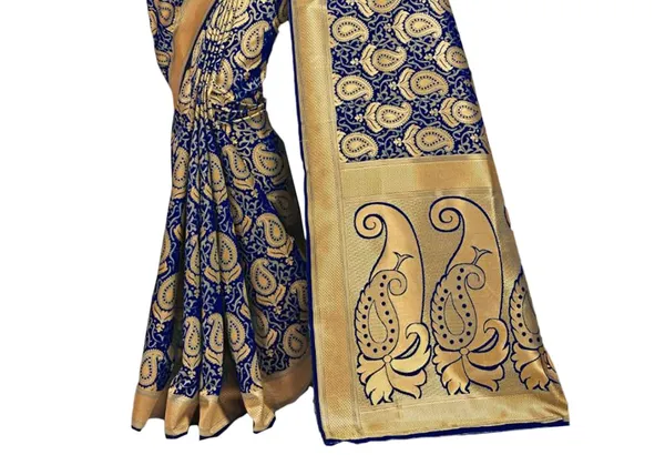 Dark_Blue_Banarasi_Silk_Saree_With_Blouse_Piece_For_Women