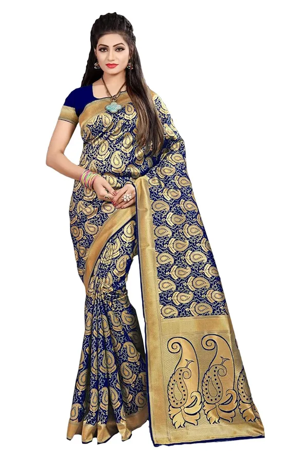 Dark_Blue_Banarasi_Silk_Saree_With_Blouse_Piece_For_Women