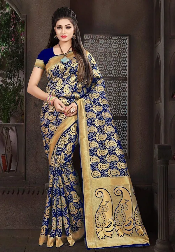 Dark_Blue_Banarasi_Silk_Saree_With_Blouse_Piece_For_Women