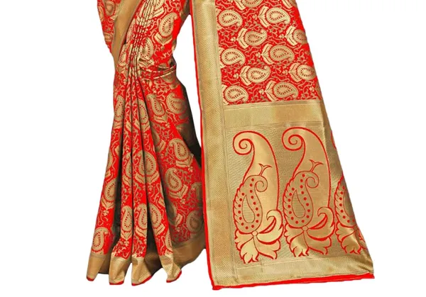 Red_Banarasi_Silk_Saree_With_Blouse_Piece_For_Women