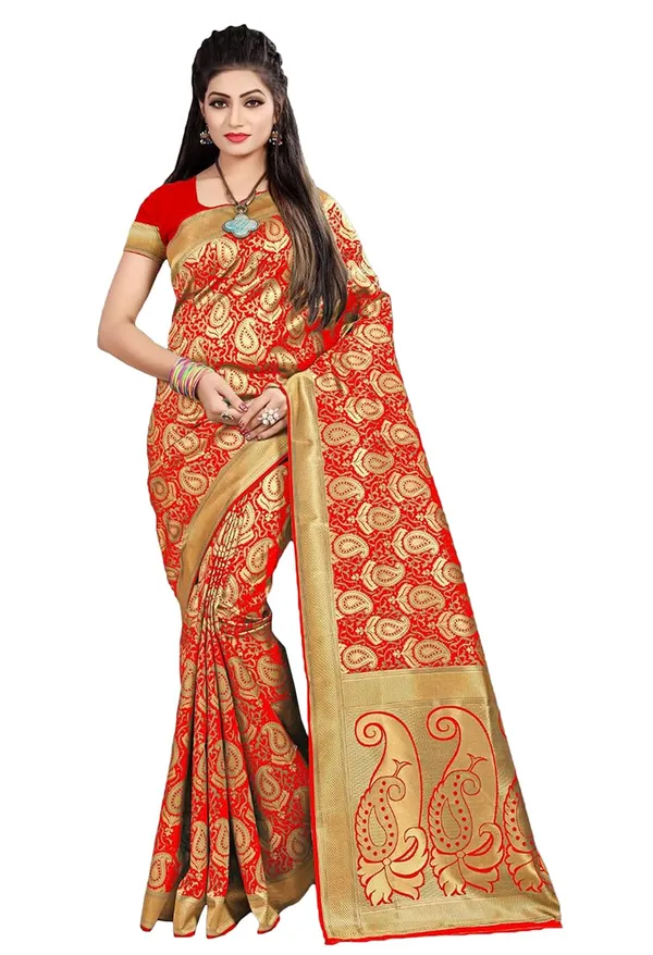 Red_Banarasi_Silk_Saree_With_Blouse_Piece_For_Women