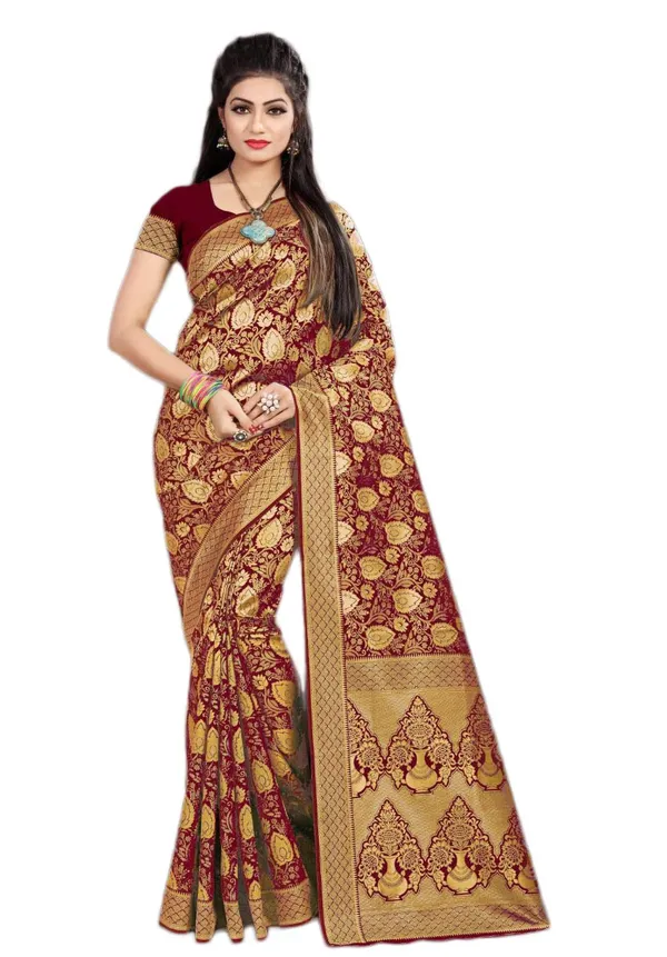 Maroon_Banarasi_Silk_Saree_With_Blouse_Piece_For_Women