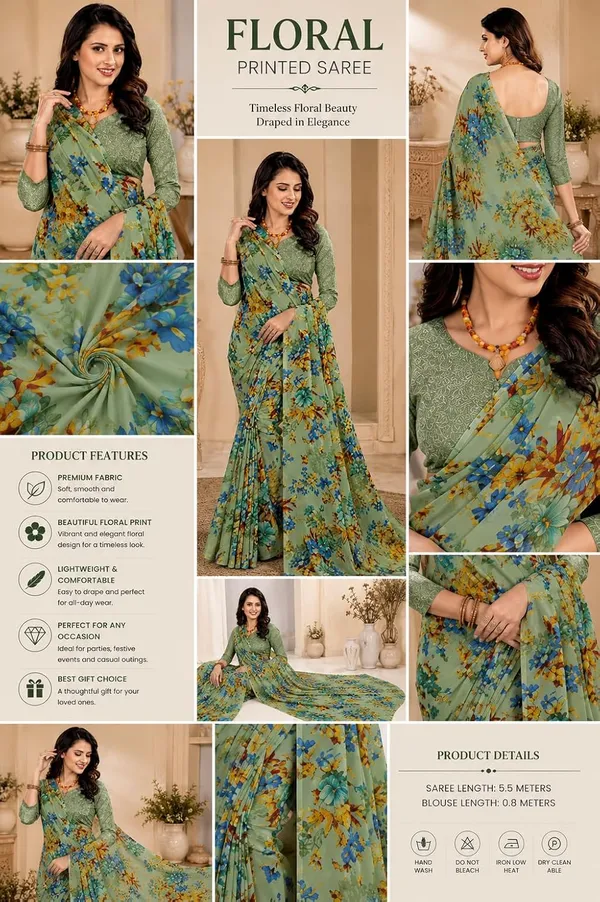 Green_Georgette_Floral_Designer_Saree_With_Blouse_For_Women