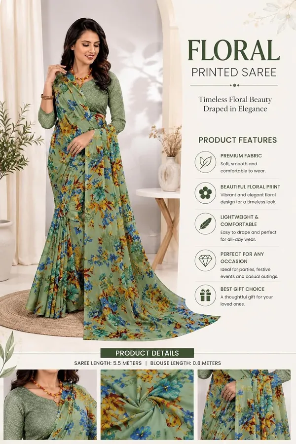 Green_Georgette_Floral_Designer_Saree_With_Blouse_For_Women