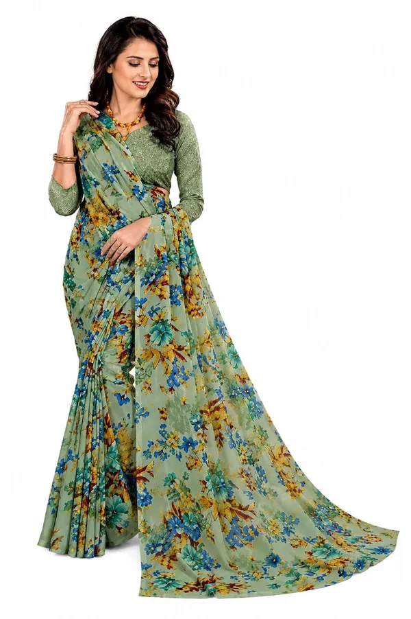 Green_Georgette_Floral_Designer_Saree_With_Blouse_For_Women