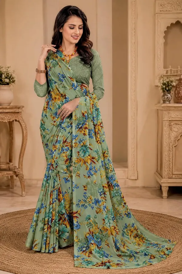 Green_Georgette_Floral_Designer_Saree_With_Blouse_For_Women