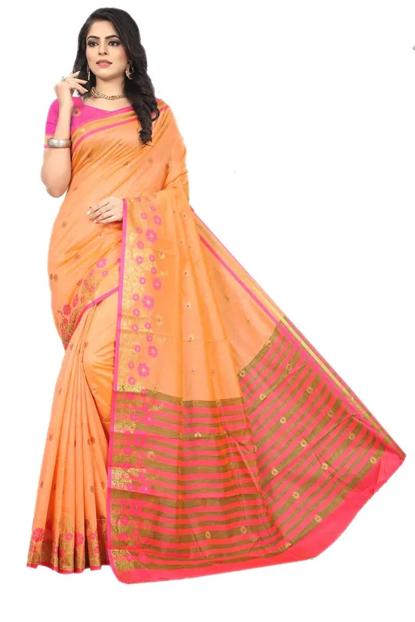 Light_Orange_Cotton_Silk_Saree_With_Blouse_Piece_For_Women
