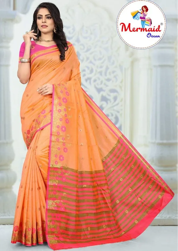 Light_Orange_Cotton_Silk_Saree_With_Blouse_Piece_For_Women