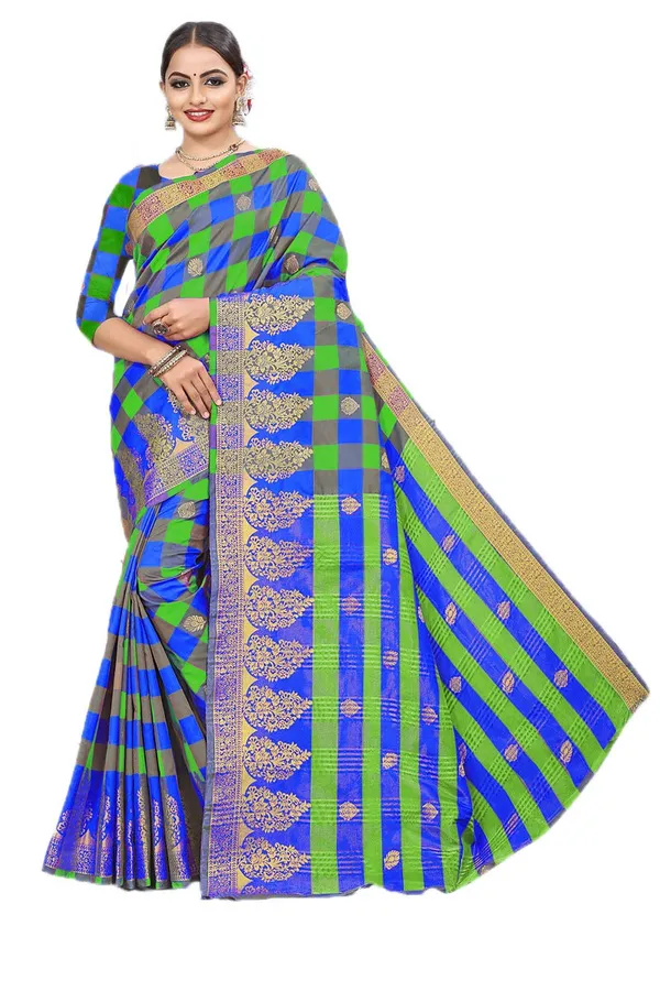 Blue_Cotton_Silk_Zari_Jacquard_Saree_With_Blouse_For_Women