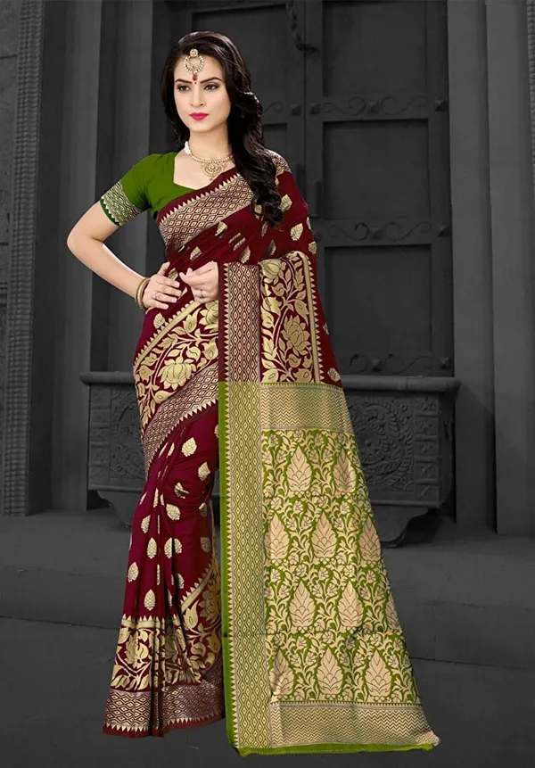 Maroon_Silk_Contrast_Green_Pallu_Saree_For_Women