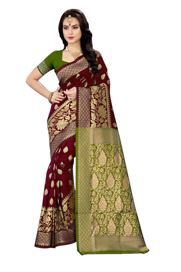 Maroon_Silk_Contrast_Green_Pallu_Saree_For_Women