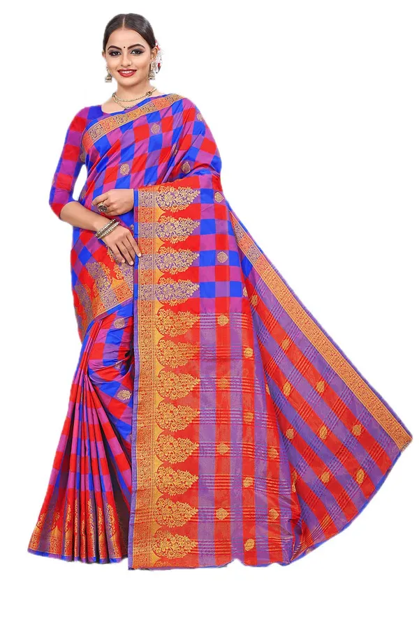 Red_Cotton_Silk_Zari_Jacquard_Saree_With_Blouse_For_Women