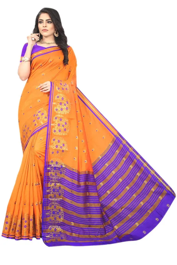 Orange_Cotton_Silk_Saree_With_Blouse_Piece_For_Women