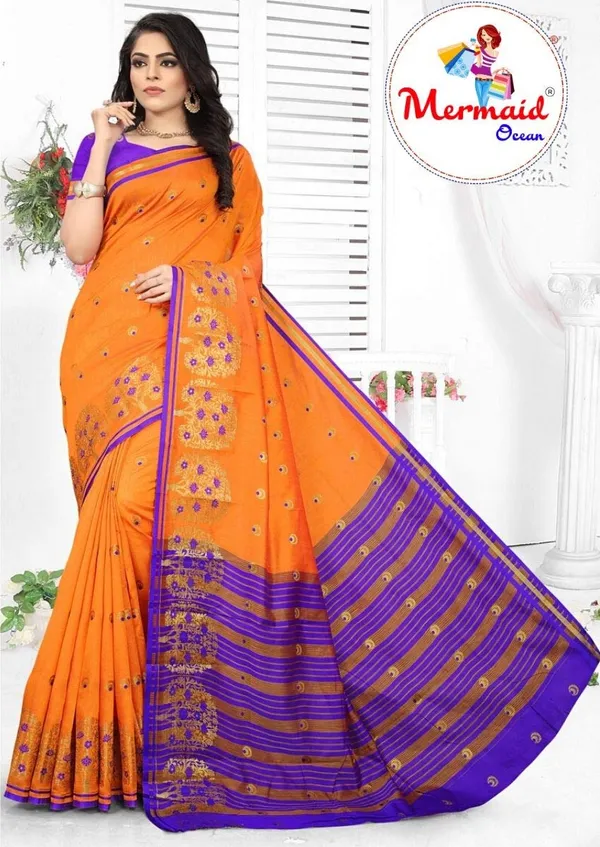 Orange_Cotton_Silk_Saree_With_Blouse_Piece_For_Women