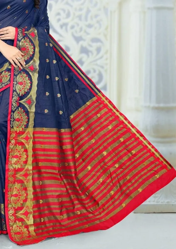 Dark_Blue_Cotton_Silk_Saree_With_Blouse_Piece_For_Women