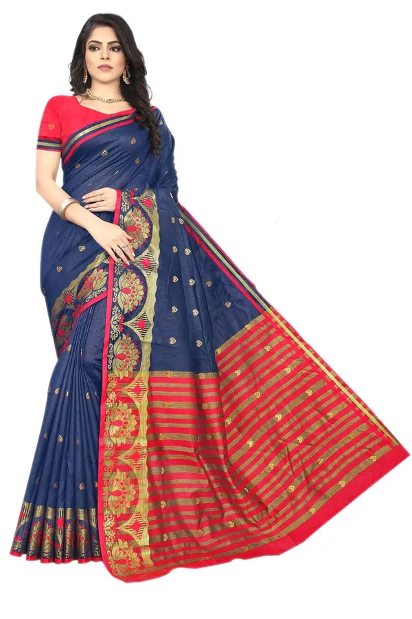 Dark_Blue_Cotton_Silk_Saree_With_Blouse_Piece_For_Women