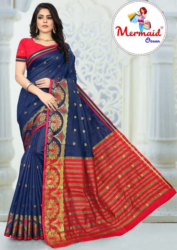 Dark_Blue_Cotton_Silk_Saree_With_Blouse_Piece_For_Women