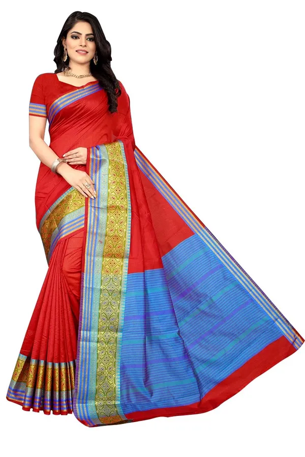 Red_Cotton_Silk_Saree_With_Blouse_Piece_For_Women