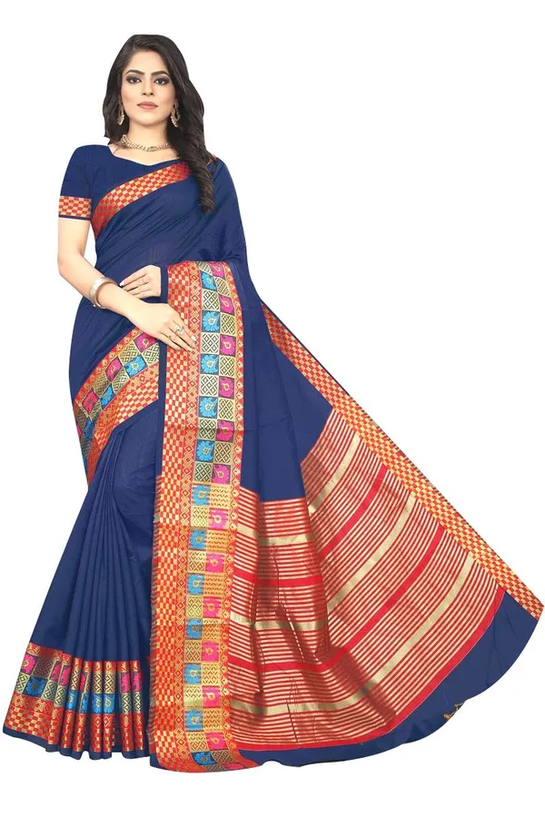 Dark_Blue_Cotton_Silk_Saree_With_Blouse_Piece_For_Women
