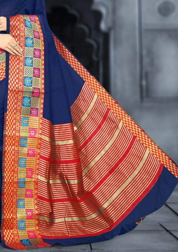 Dark_Blue_Cotton_Silk_Saree_With_Blouse_Piece_For_Women