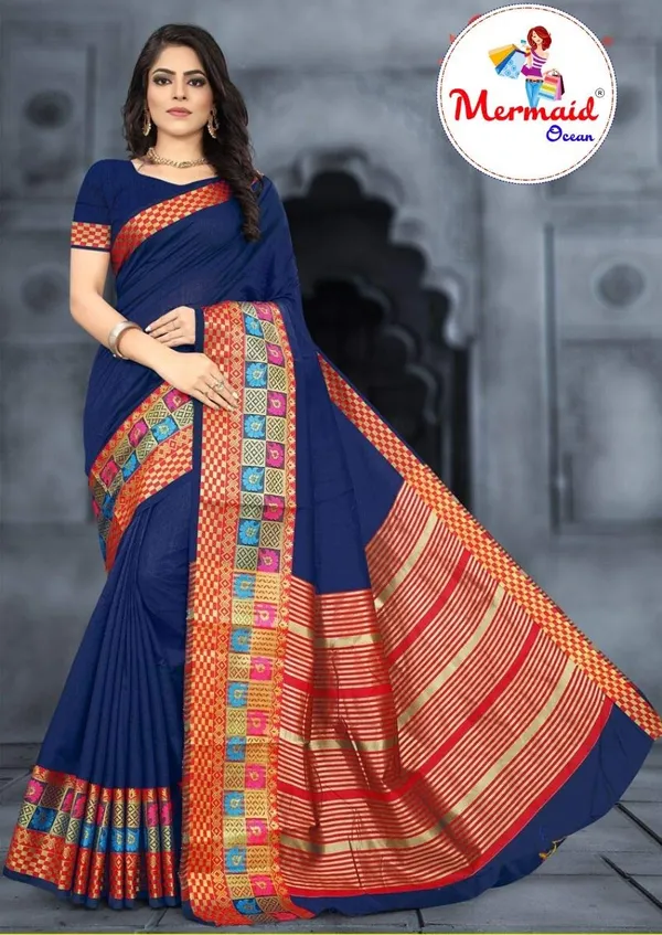 Dark_Blue_Cotton_Silk_Saree_With_Blouse_Piece_For_Women