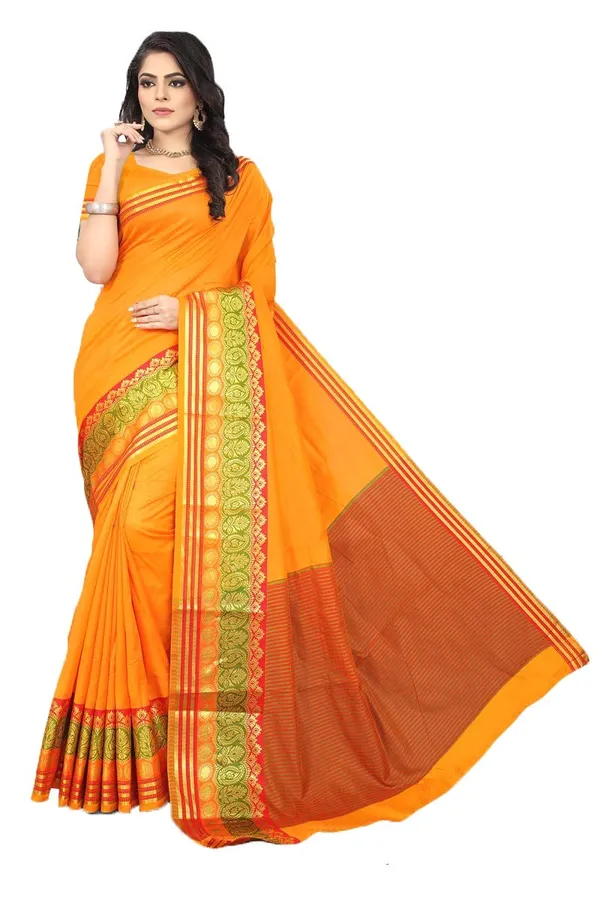 Orange_Cotton_Silk_Saree_With_Blouse_Piece_For_Women