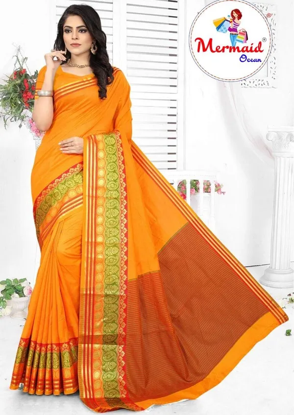 Orange_Cotton_Silk_Saree_With_Blouse_Piece_For_Women