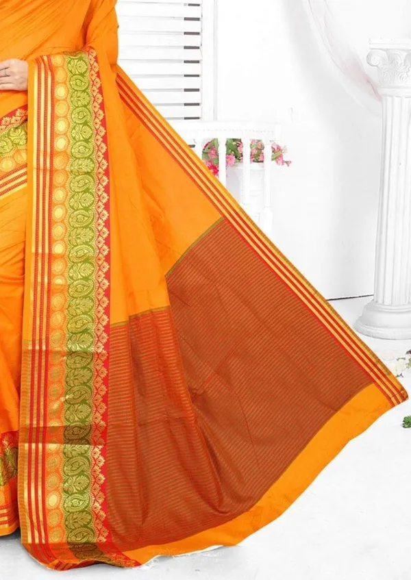 Orange_Cotton_Silk_Saree_With_Blouse_Piece_For_Women