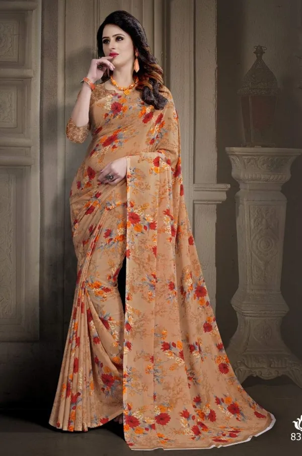 Peach_Georgette_Floral_Print_Saree_For_Women