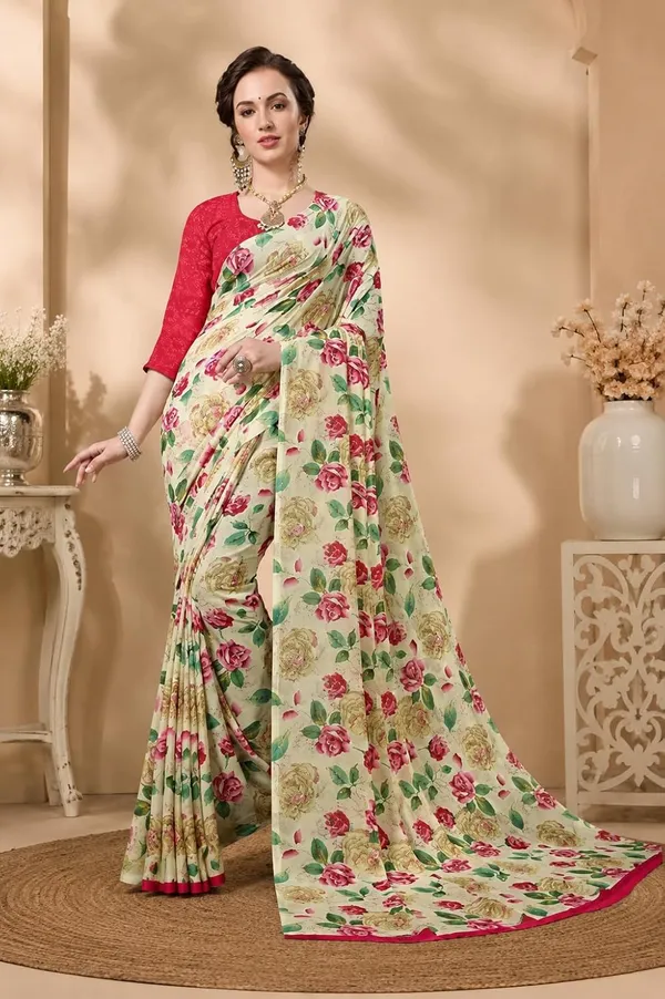 White_Georgette_Floral_Printed_Saree_For_Women