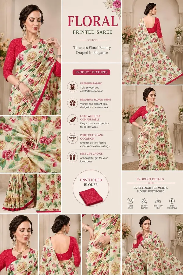 White_Georgette_Floral_Printed_Saree_For_Women