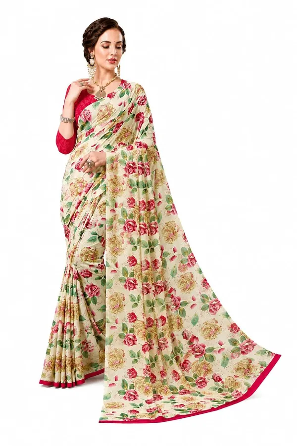 White_Georgette_Floral_Printed_Saree_For_Women