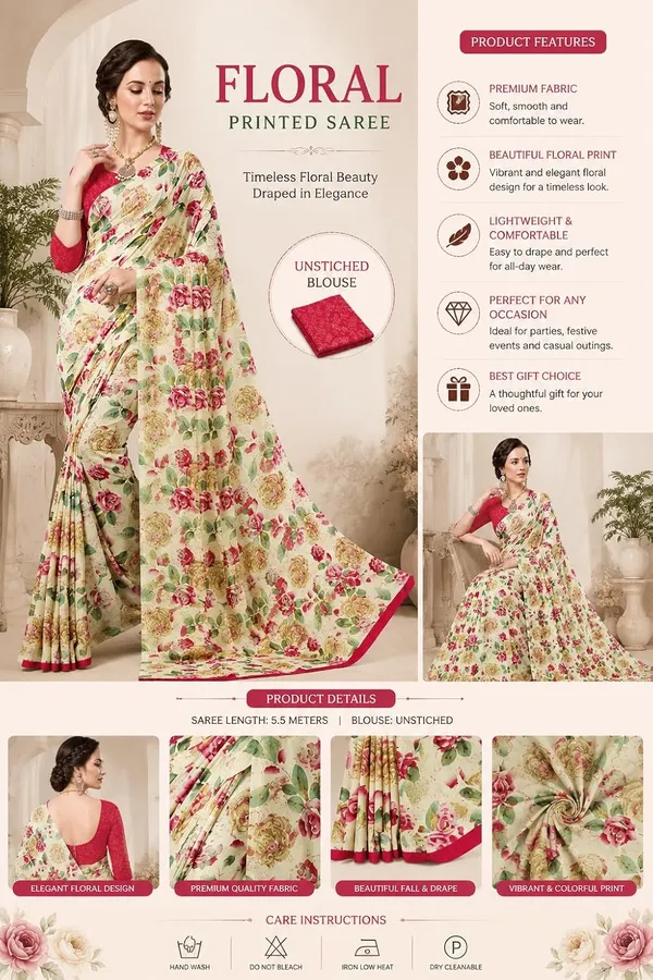 White_Georgette_Floral_Printed_Saree_For_Women
