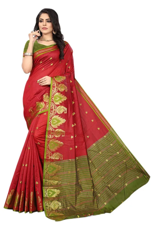 Maroon_Cotton_Silk_Saree_With_Blouse_Piece_For_Women