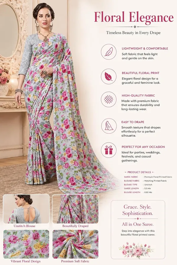 Grey_Georgette_Floral_Print_Saree_For_Women