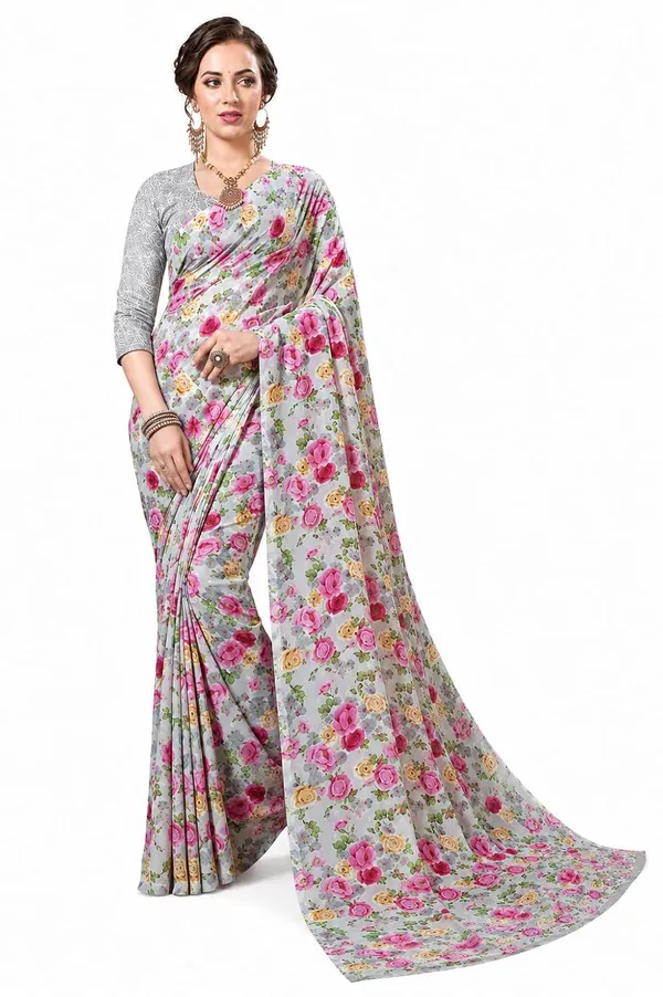 Grey_Georgette_Floral_Print_Saree_For_Women