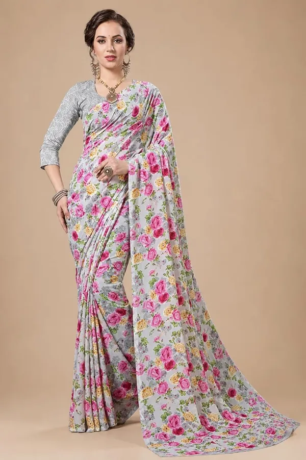 Grey_Georgette_Floral_Print_Saree_For_Women