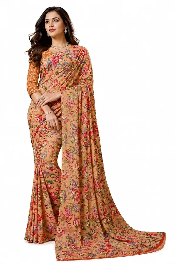 Light_Orange_Georgette_Floral_Print_Saree_For_Women